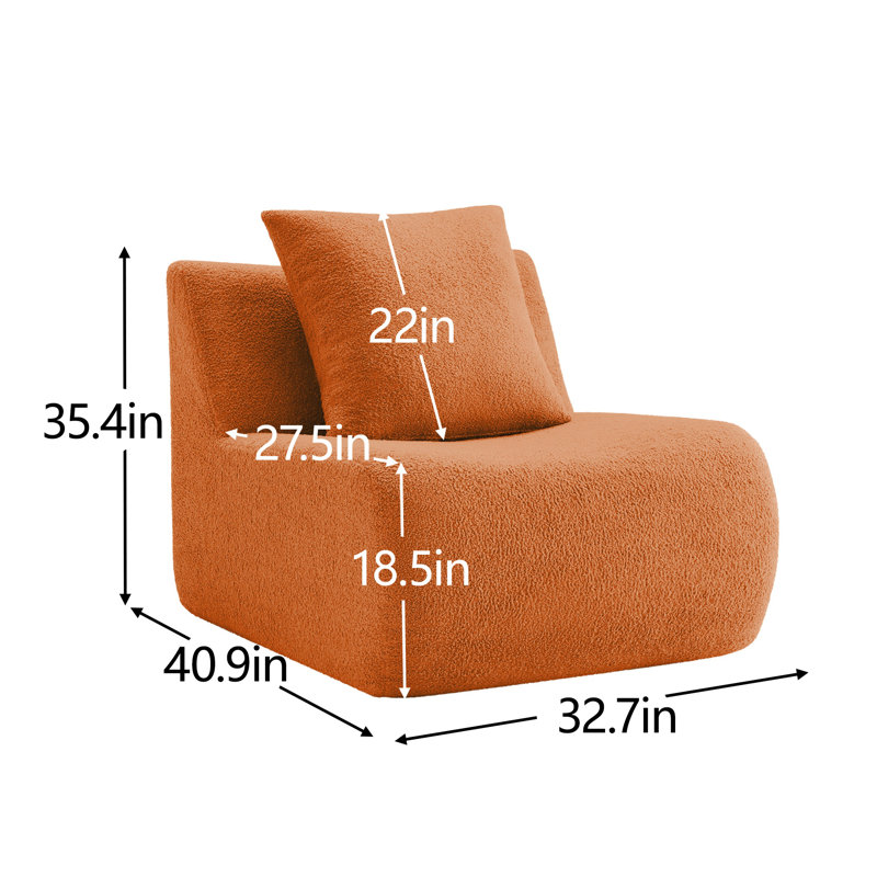 Canapé d'appoint sans accoudoirs avec coussin en tissu natté orange, siège simple modulaire, 35.43" H x 40.94" W x 32.68" D