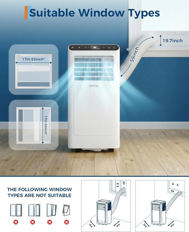 Climatiseur portatif 2 pièces 8 000 BTU avec déshumidificateur et ventilateur, refroidit 350 pieds carrés, fonctionnement silencieux à 48 dB, minuterie 24 heures et télécommande, certifié DOE, blanc / noir