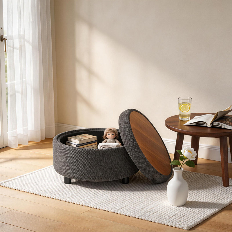Table basse avec repose-pieds capitonné rond de 25 pouces avec rangement, table basse moderne avec rangement et couvercle amovible