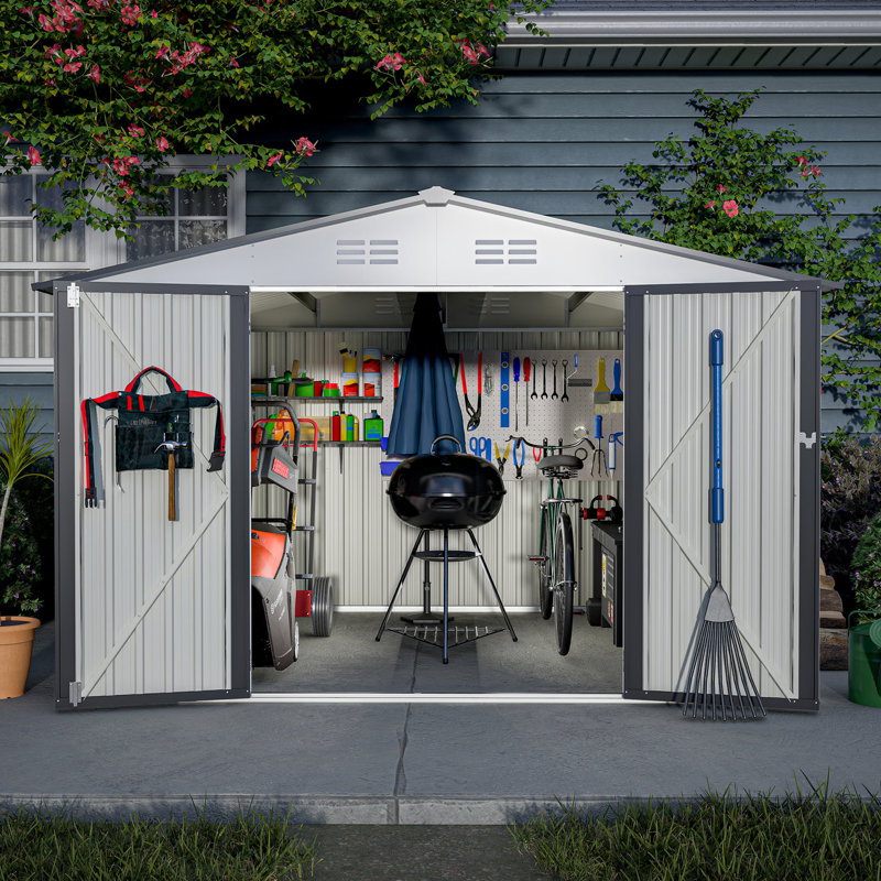 10x8 Ft Metal Shed With Padlock - Galvanized Steel, Grey For Garden, Patio, Backyard, Lawn Lockable Door Steel Garden Lawn,