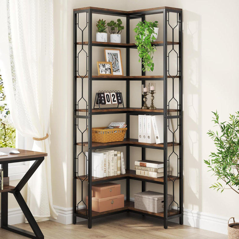 Bibliothèque d'angle à 7 niveaux avec étagère en bois et métal