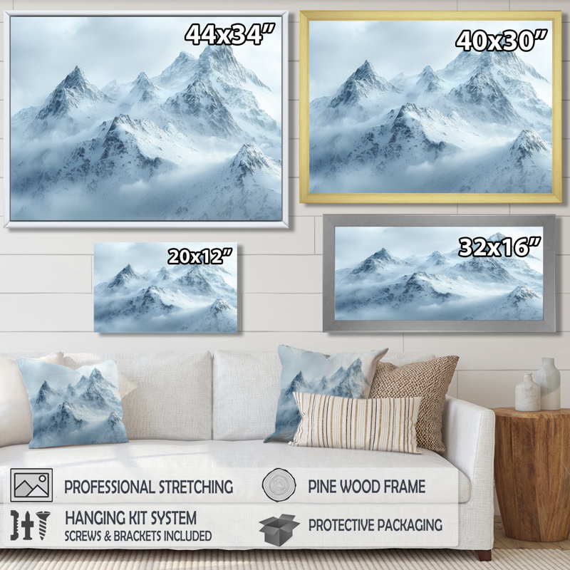 Hiver paysage de montagne I - montagnes, art mural sur toile, H 28 po x l 60 po, Impression encadrée flottante, Crème, crème