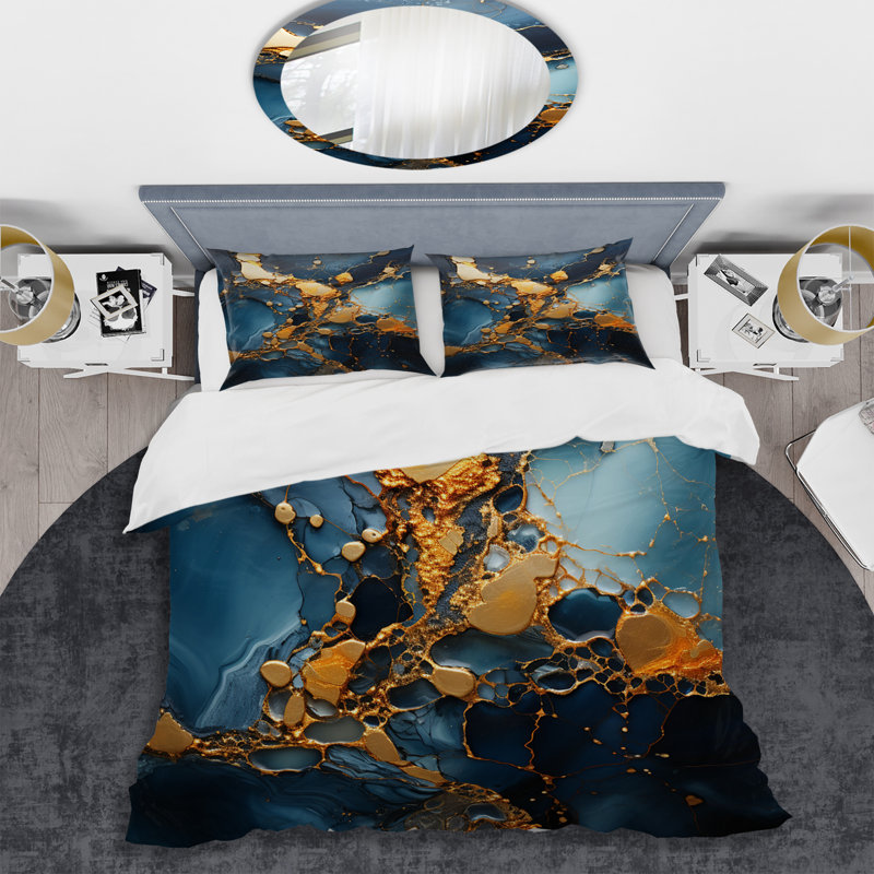 Ensemble de housse de couette abstraite or et bleu, Housse de couette pour très grand lit et 2 très 