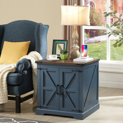 Jaimar 24"W Farmhouse Square End Table with Charging Station&Adjustable Storage Shelf (Dark Blue Color)