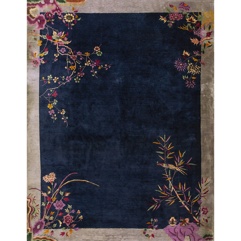 Room Size Chinese - Art Deco Antique 1920s Rectangle Knotted Wool Blue Rug