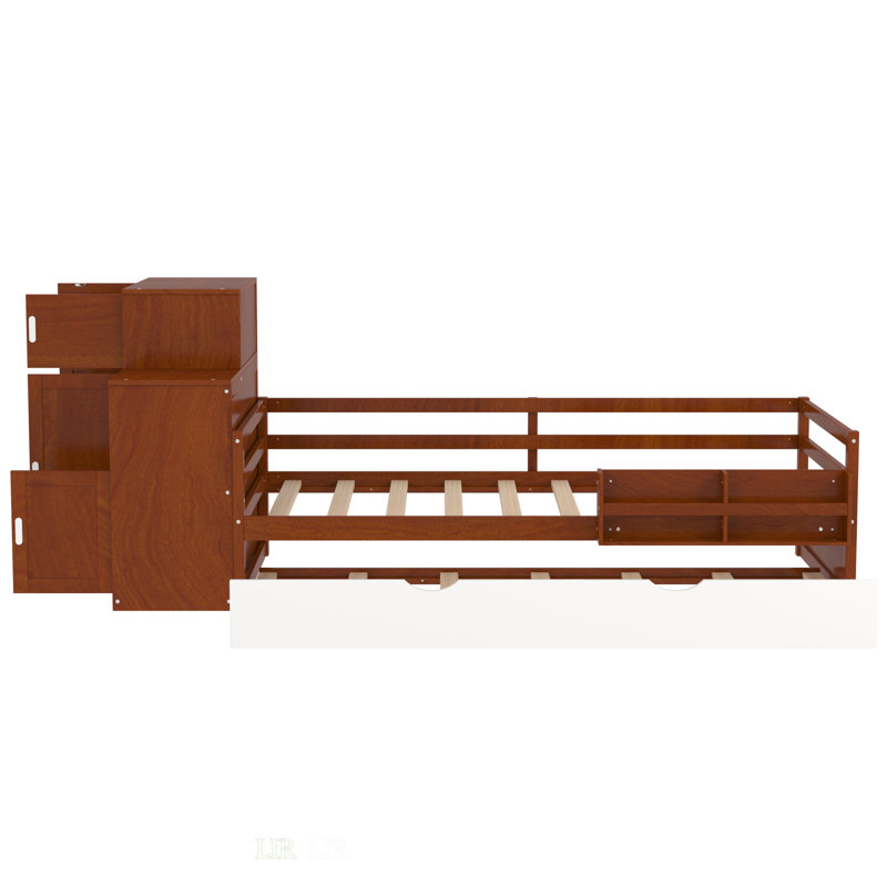 Lit plateforme simple en bois avec bibliothèque pour échantillon et garde-robe mobile, lit multifonctionnel avec lit gigogne intégré