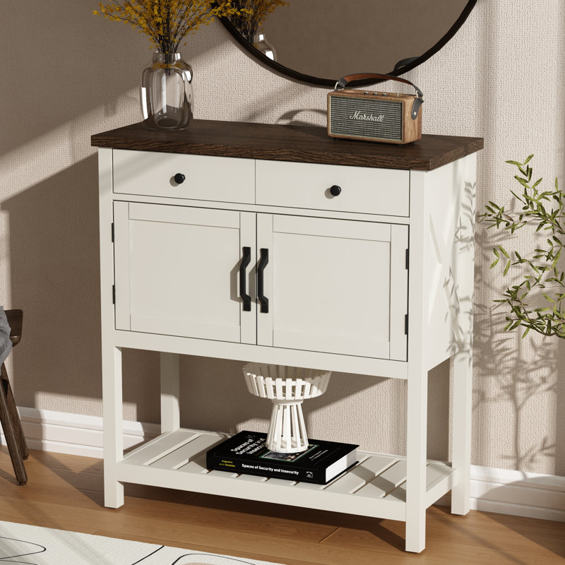 33.4"W Modern Farmhouse Console Table, Entryway Sideboard with 2 Drawers & Storage Cabinets, Dark Brown/White