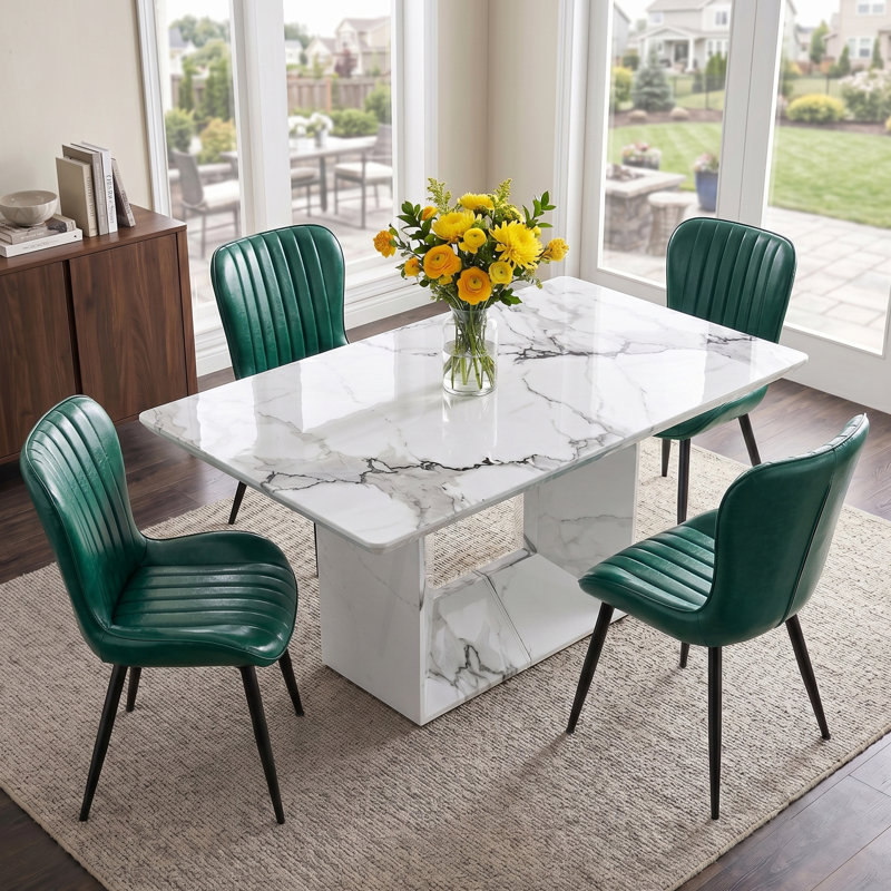 5 - Piece Modern Glam Dining Set With 63" Rectangular Faux Marble Table And 4 Channel-Tufted Faux Leather Chairs, Green