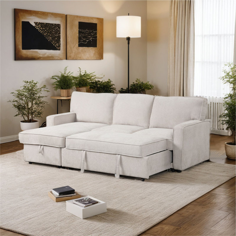 Pull-Out Sleeper Sofa Set With Chaise & Cup Holders, Beige