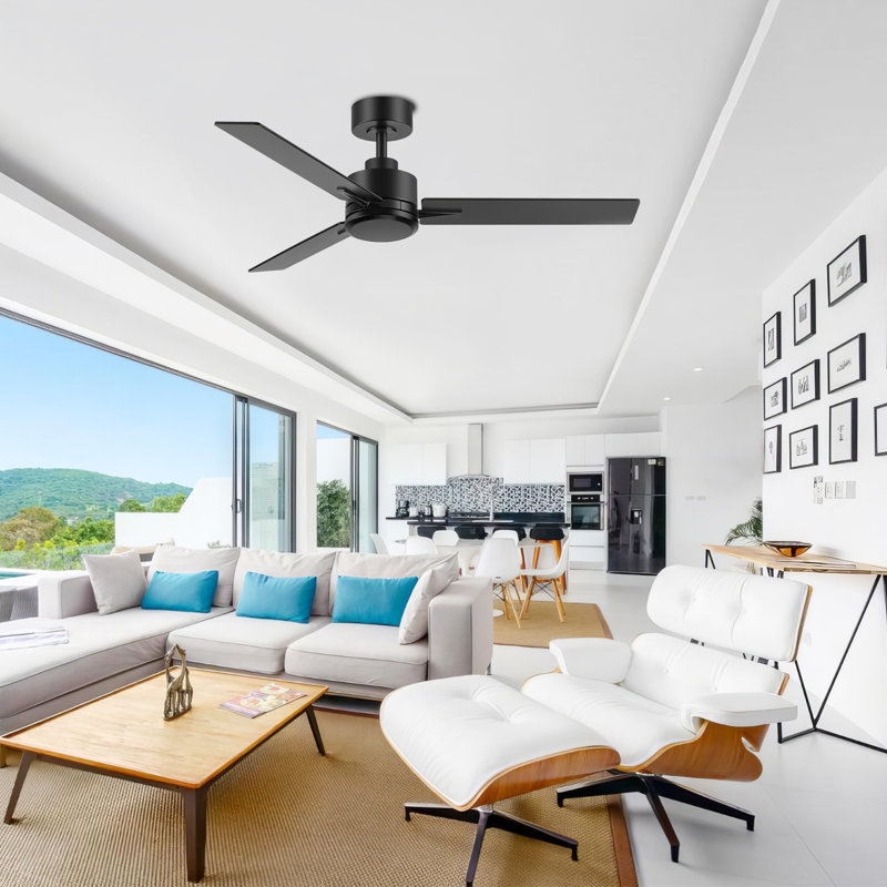 Zelindo 48''Matte Black Ceiling Fan Without Light, Indoor Ceiling Fan no Light with Remote Control and Quiet DC Motor, Outdoor Ceiling Fans for porch Without Lights, Black 3 Blades