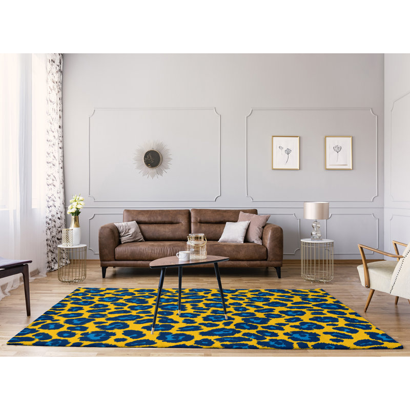 Imprimé animalier jaune/bleu Tapis décoratif, Rectangle 9 pi x 12 pi