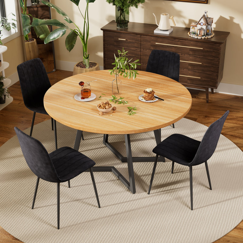 Ensemble de table de salle à manger ronde avec chaises en tissu d'ameublement en velours, 5, Naturel, Noir