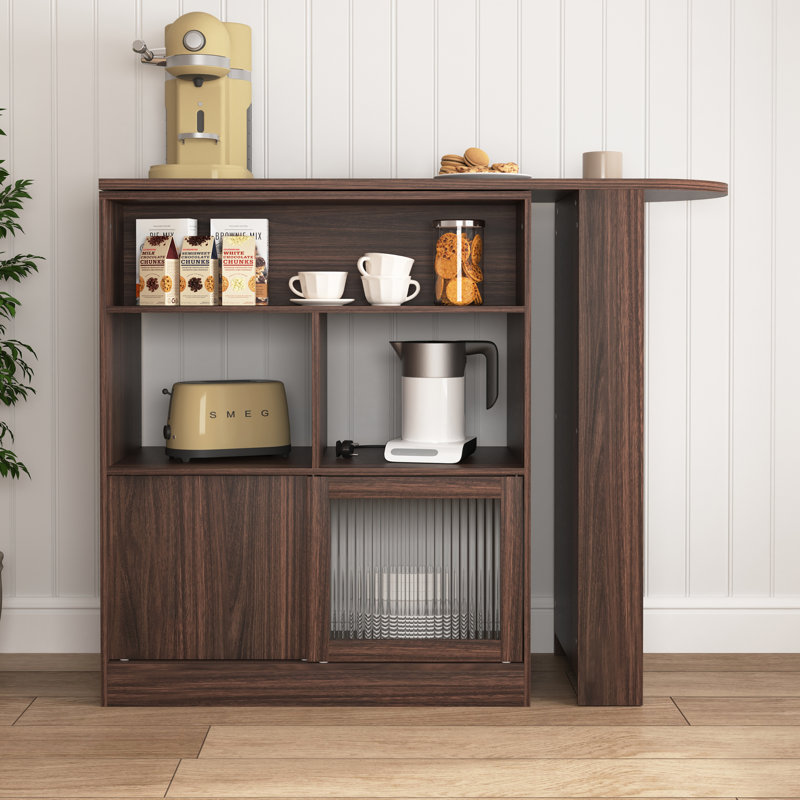 31" Wide Rotating Bar Cabinet - Counter Height Sideboard with 360° Swivel Top and Ribbed Glass Doors - Walnut