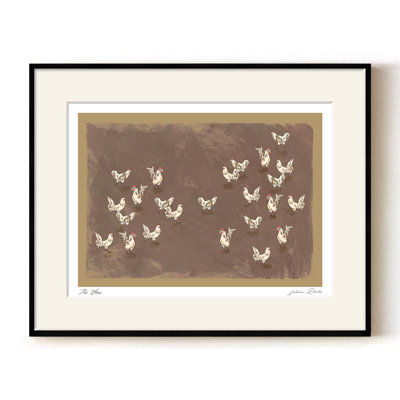 Les poules - poules blanches douces en mouvement harmonisé sur un terrain taupe | H 24 po x l 32 po | Cadre noir