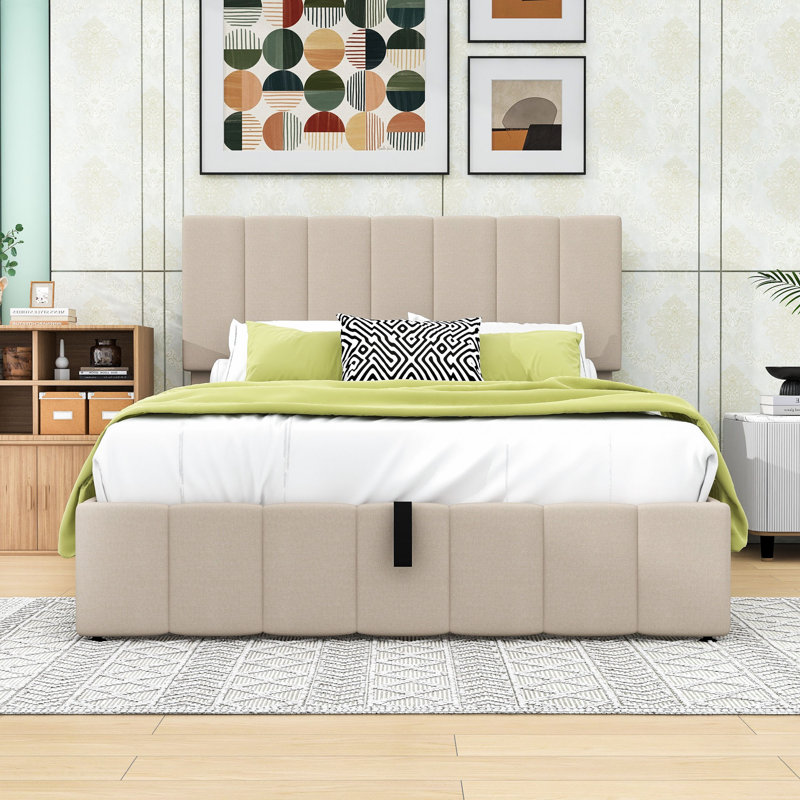Upholstered Platform Bed with a Hydraulic Storage System, Full, Beige