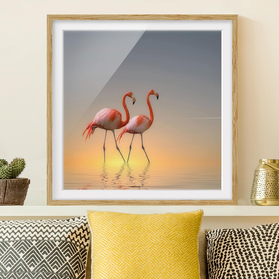 Gerahmtes Papierbild Flamingo Liebe