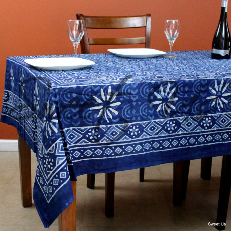 Hand Block Printed Cotton Floral Tablecloth Collection, Indigo Blue, 88" x 108", Twilight Check 