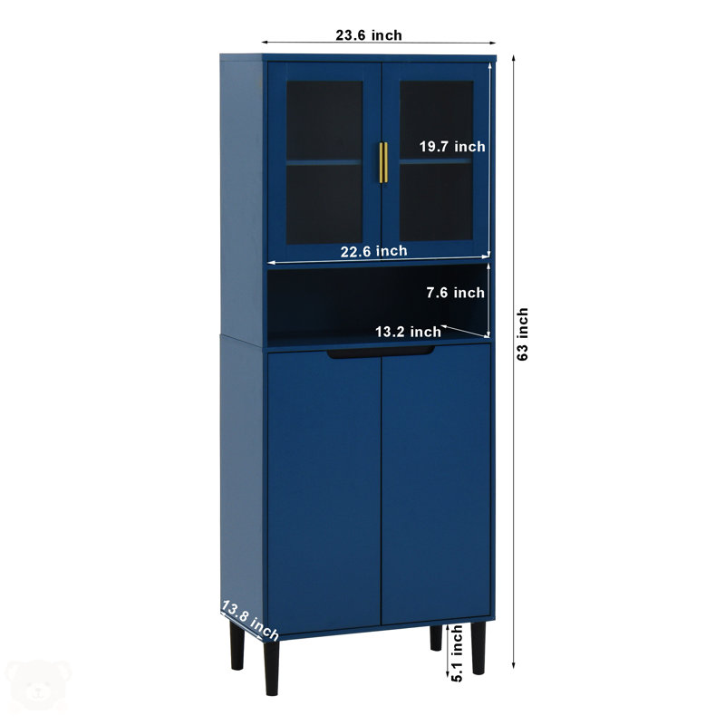 Tall Blue Lockable Bathroom Storage Cabinet with Glass Doors
