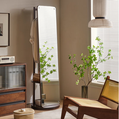 Rotating Full Length Mirror with Clothes Rack, Freestanding Solid Wood Storage Mirror for Bedroom Living Room