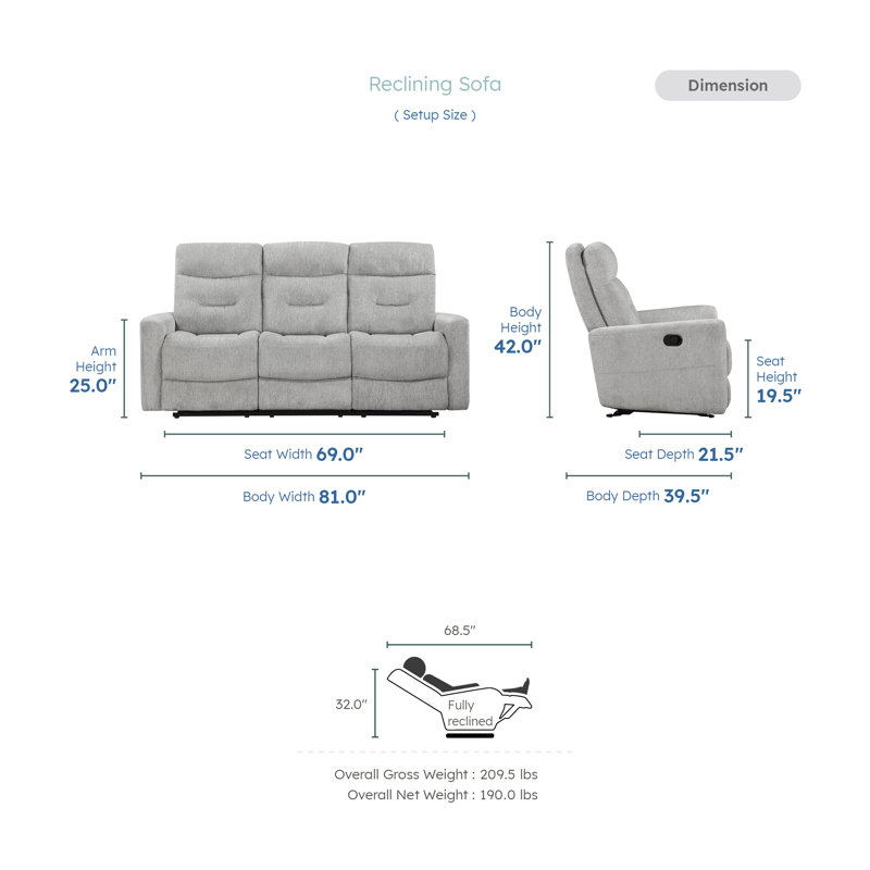 Dashai 81'' Chenille Fabric Manual Double Reclining Sofa