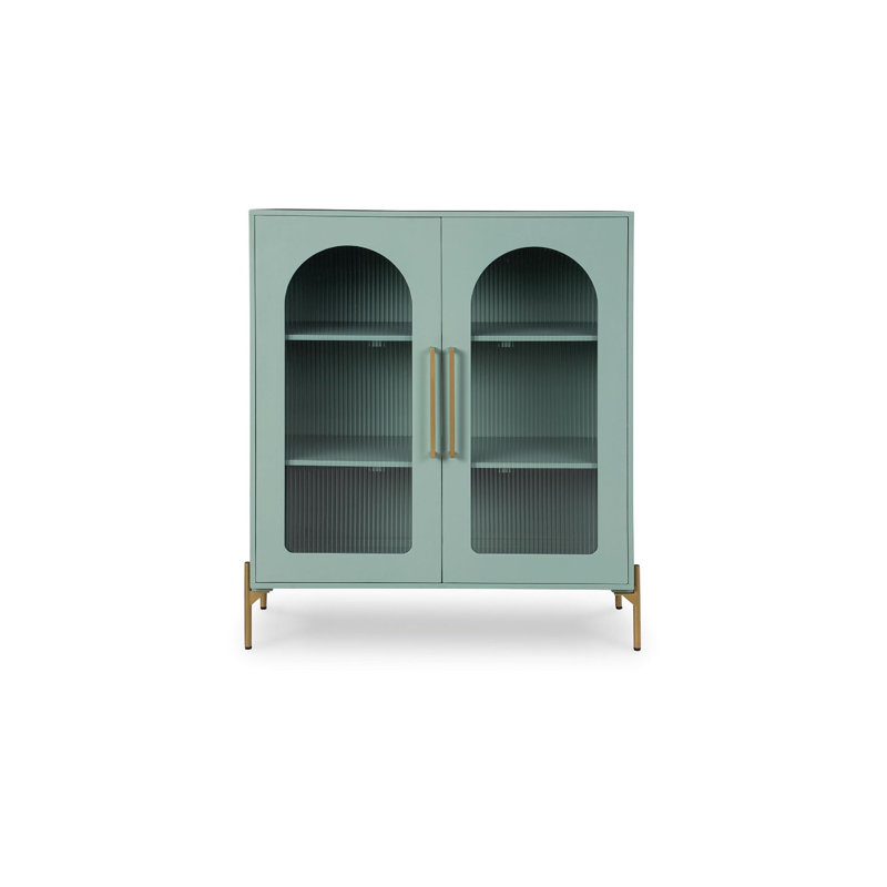 Armoire décorative Aryi, 2 portes arquées en verre cannelé, 40 pouces vert océan, or