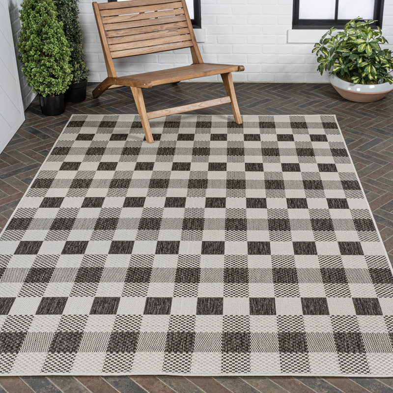 Drora Traditional Geometric Bold Gingham Black/Cream Indoor/Outdoor Rug, Rectangle 2'11" x 4'11"