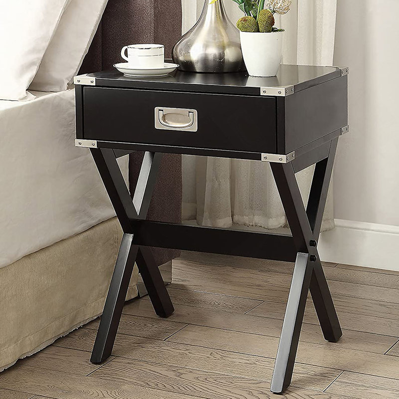Stylish Side Table With Metal Corners And Flush Mount Drawer, Perfect For Modern And Classic Decor.