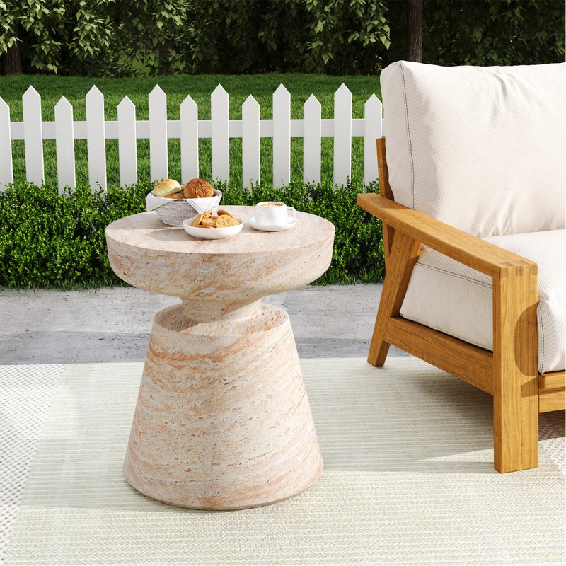Table d'appoint d'extérieur / d'intérieur en béton léger, finition travertin, Beige