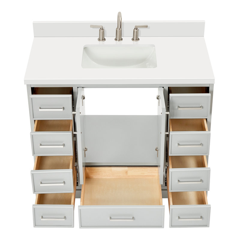43'' Single Bathroom Vanity with White Quartz Top, Gray