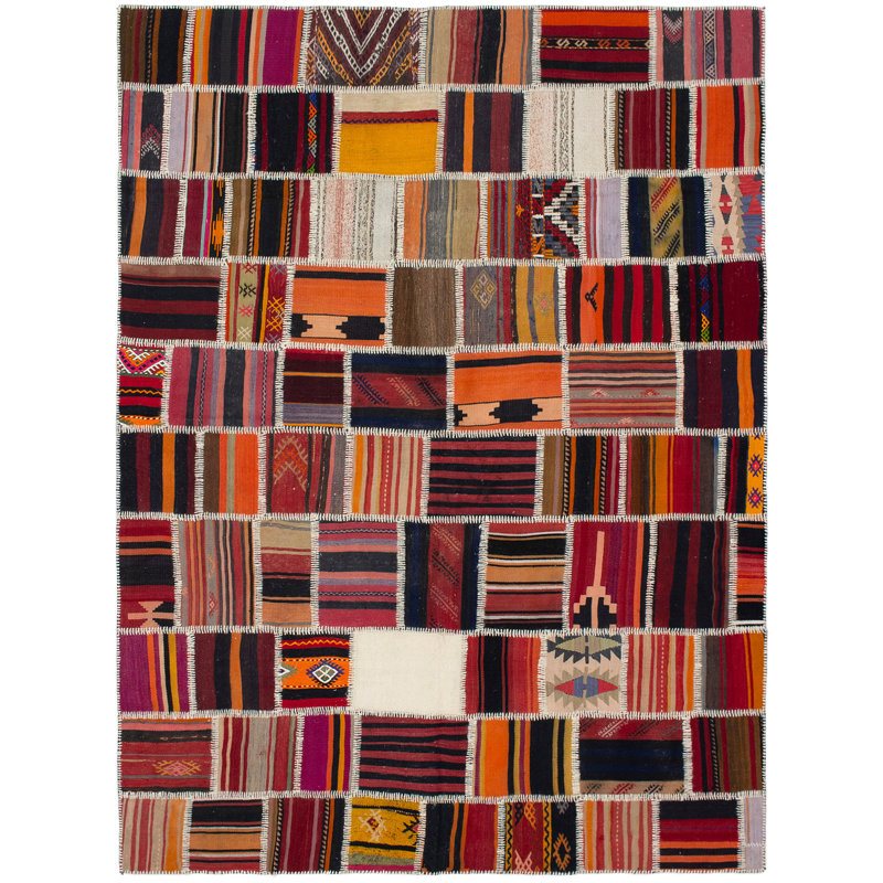 Tapis rouge / noir / orange en laine tissé à la main de conception unique 7 pi 7 po x 10 pi 2 po Zilla
