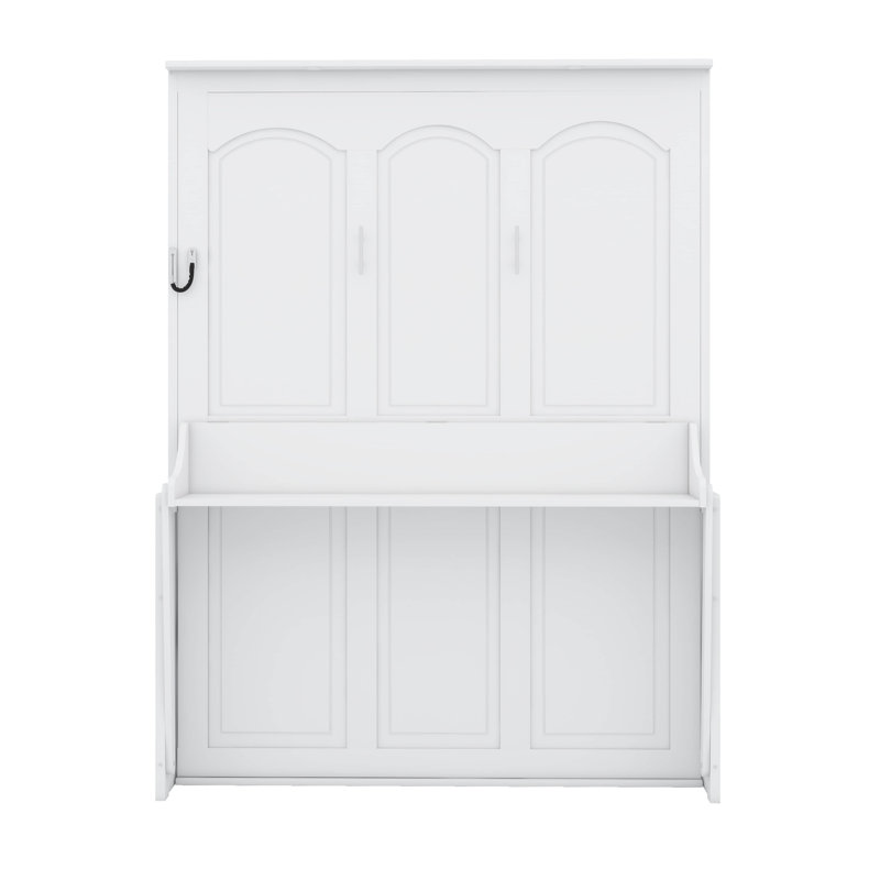 Grand lit escamotable avec bureau, station de charge USB, armoire murale avec tablettes de rangement, lumières DEL, Blanc