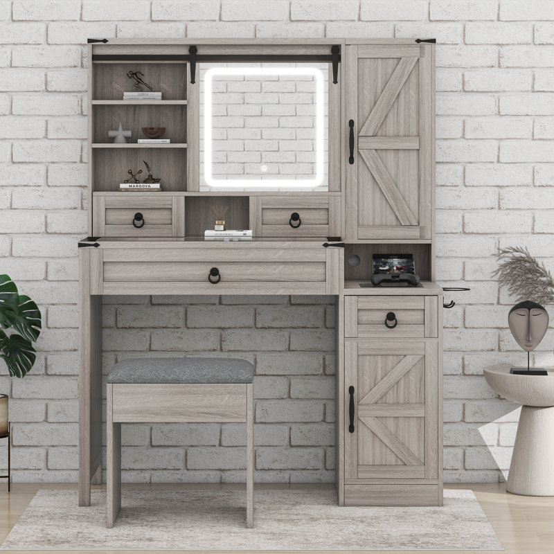 Farmhouse Vanity Makeup Desk With Charging Station, Vanity Desk With Lights Mirror And Drawers, Gray