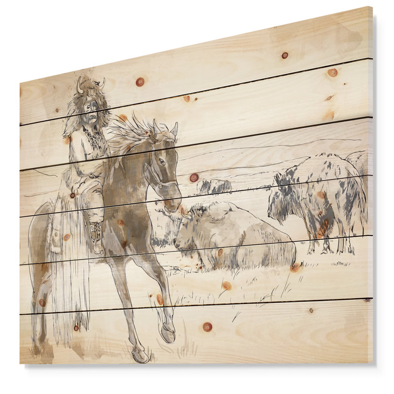 Imprimé de cheval d’équitation indien-impression de dessin, H 15 po x l 20 po x P 1 po, Bois