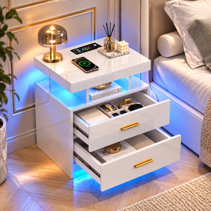 Table de chevet lustrée de 50 cm (19,6 po) de large avec éclairage RVB à capteur et chargeur sans fil, Blanc