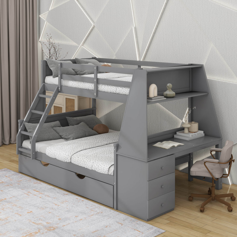Lit simple superposé au dessus d'un lit double avec lit gigogne et bureau, Gris