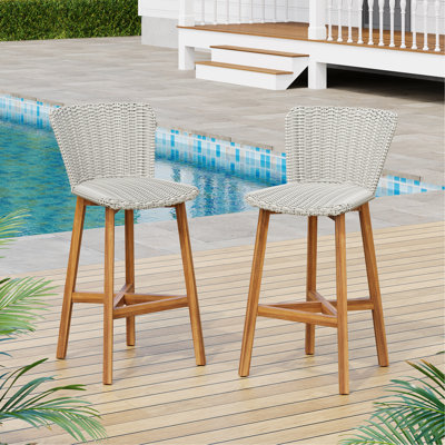 Tabouret de bar d'extérieur en bois fini teck avec osier gris clair, ensemble de 2