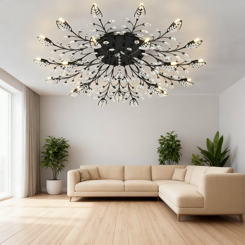 Luminaire de lustre en cristal semi-encastré moderne avec cadre en métal noir à motif de feuilles pour le salon, la salle à manger et la cuisine de la chambre à coucher