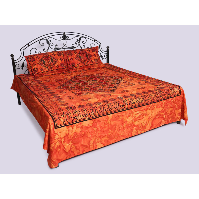 Exotic India Pure Cotton Bedspread Queen Size With Batik-Dyed And Pillowcases Set, Red Floral