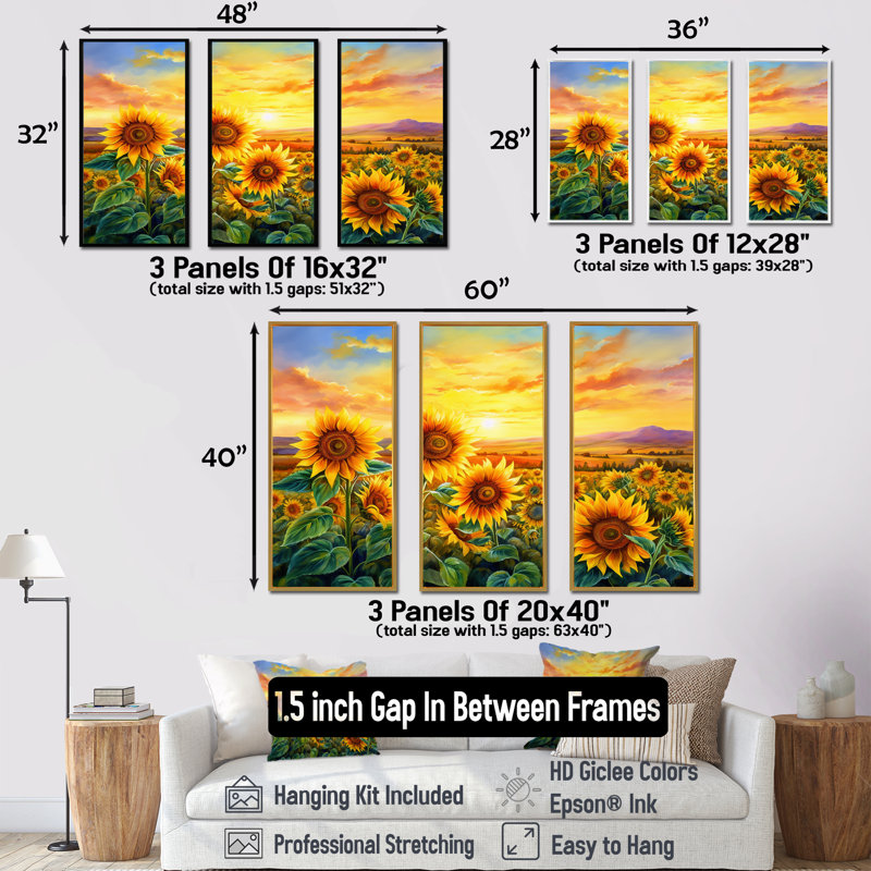 «Sunflowers Burning Sunset» - ensemble d'art mural toile tournesols, Cadre naturel flottant, H 28 po x l 36 po x P 1 po