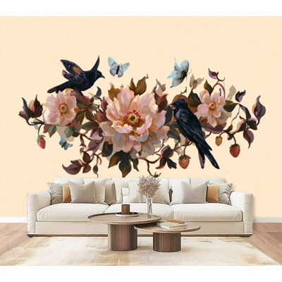 Papier peint adhésif pelez et collez, pivoines impressionnistes, fraises, H 69 po x l 96 po, papier peint amovible en PVC, adhésif mural pour chambre à coucher, bureau à domicile