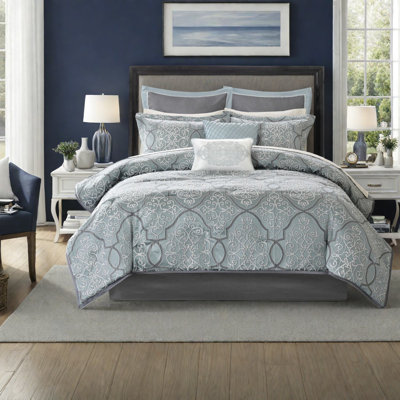 Ensemble de literie de luxe 12 pièces, draps en coton, motif jacquard bleu pour grands lits