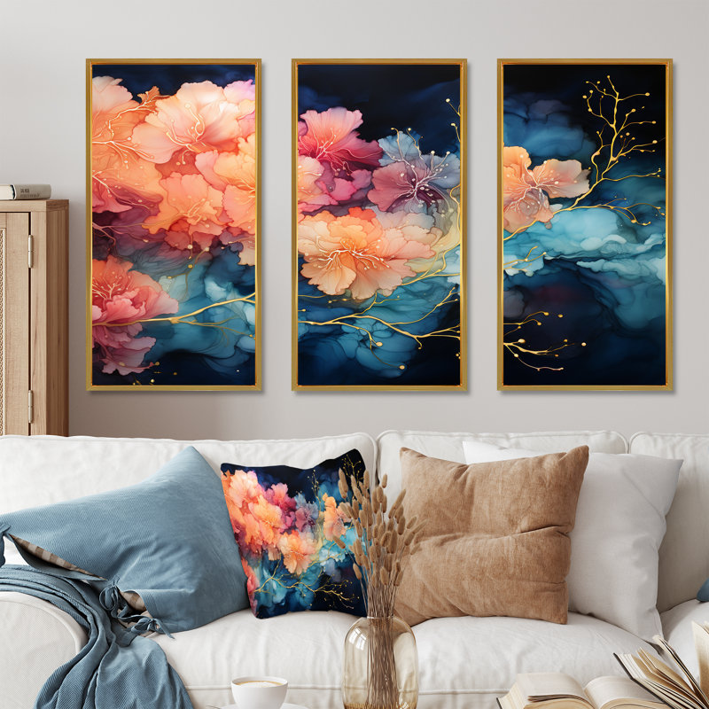 Celestial corail et bleu ciel liquide - ensemble d'art mural sur toile abstraite à encre liquide, Cadre flottant doré