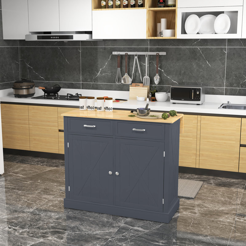 Îlot de cuisine roulant avec barre à déjeuner en bois à abattants, gris foncé - 2 tiroirs, tablettes réglables pour salle à manger portative convertible