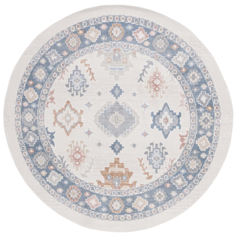 Tapis beige / bleu Huitt lavable 218, Rond 6 pi 7 po
