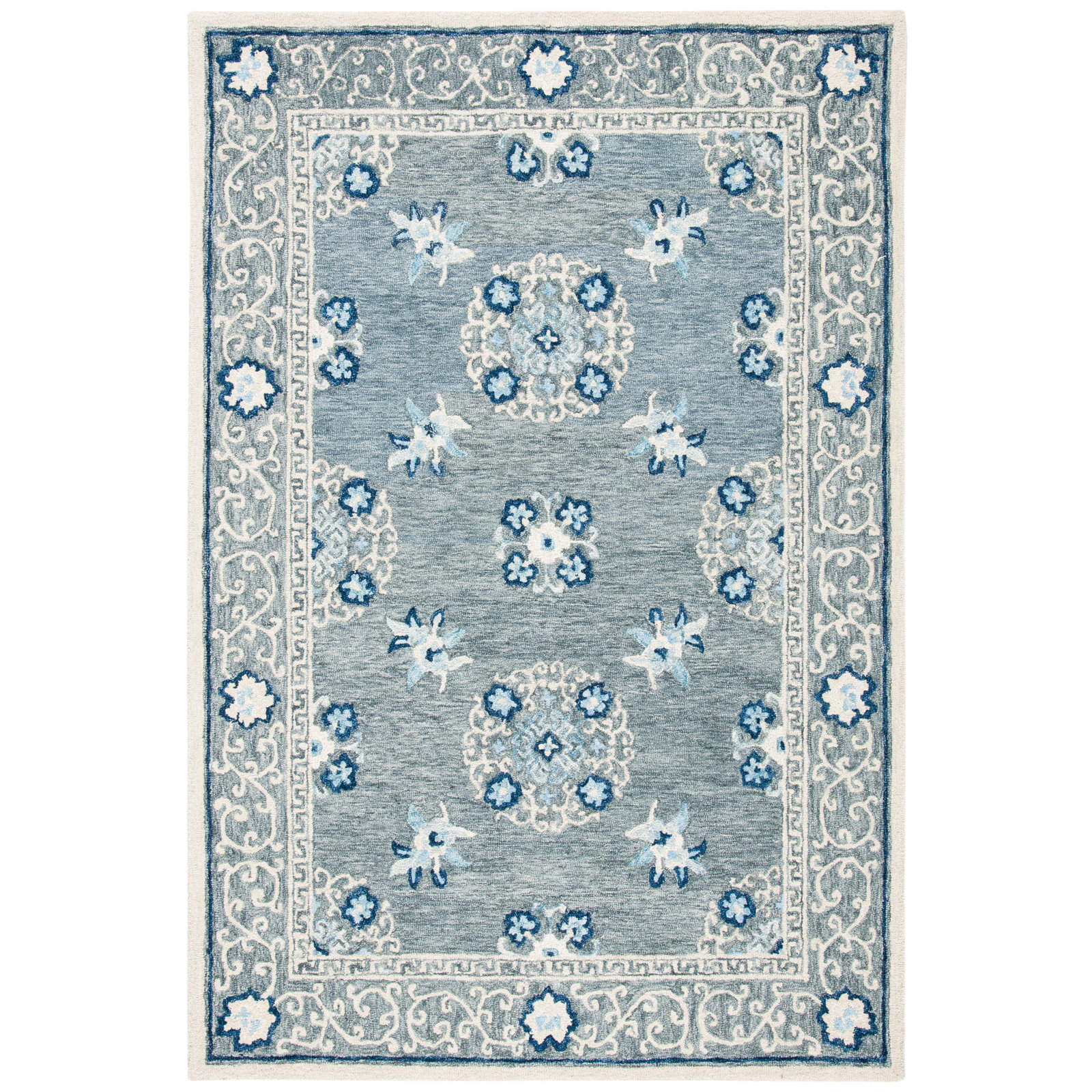 Akins Oriental Handmade Tufted Wool Gray/Ivory Area Rug, Rectangle 5' x 8'