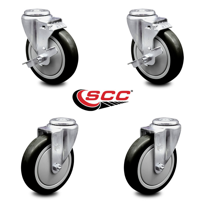 5 Inch Polyurethane Wheel Swivel Bolt Hole Caster Set with 2 Brake SCC, Noir