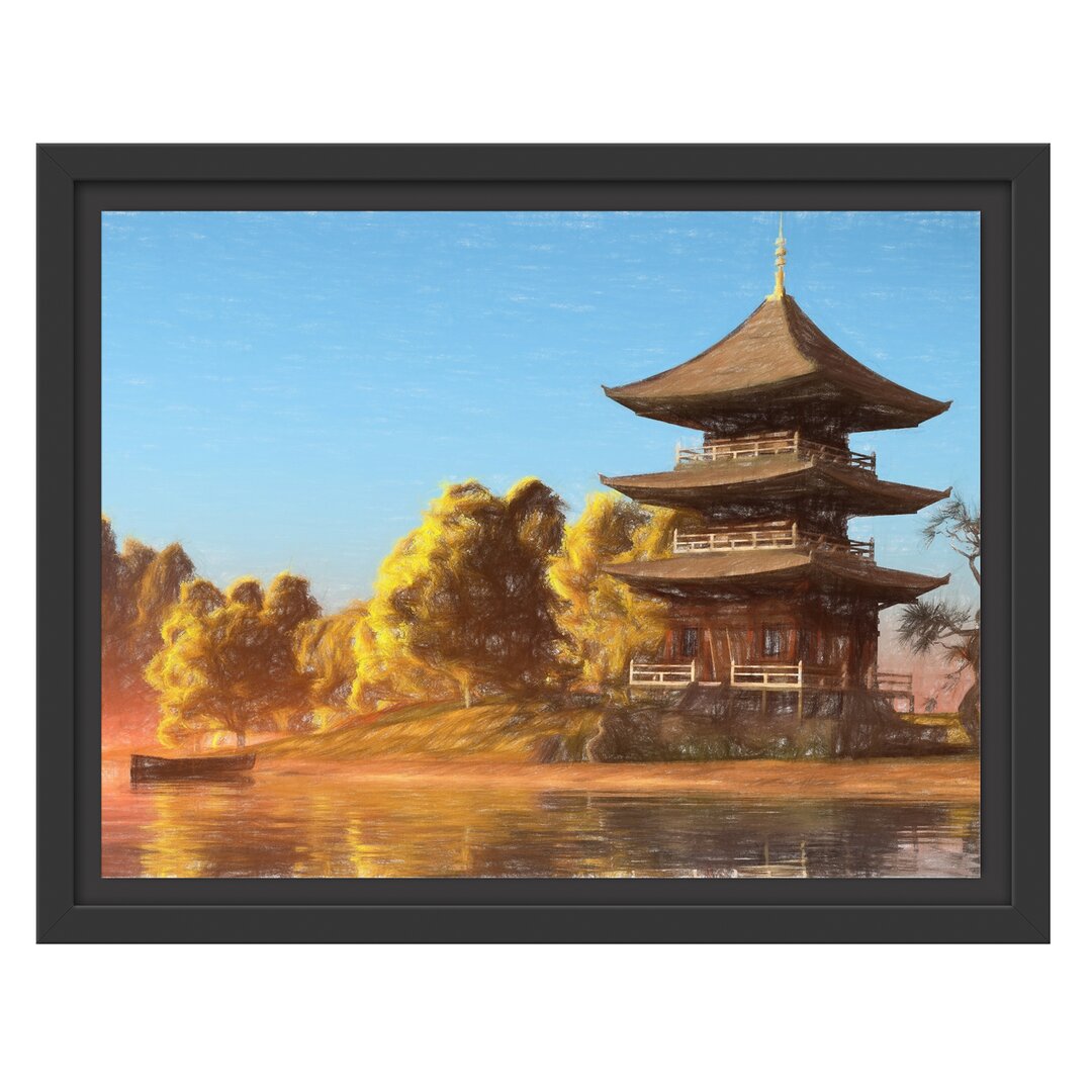 Gerahmtes Wandbild asiatischer Tempel an See