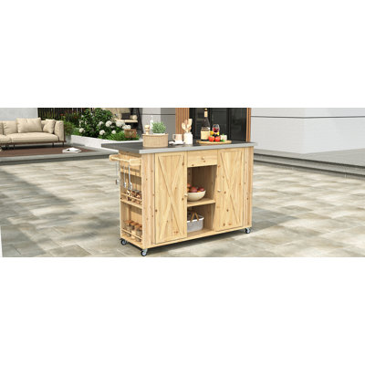 Outdoor Kitchen Island Fir Wood Kitchen Island with Stainless Steel Top