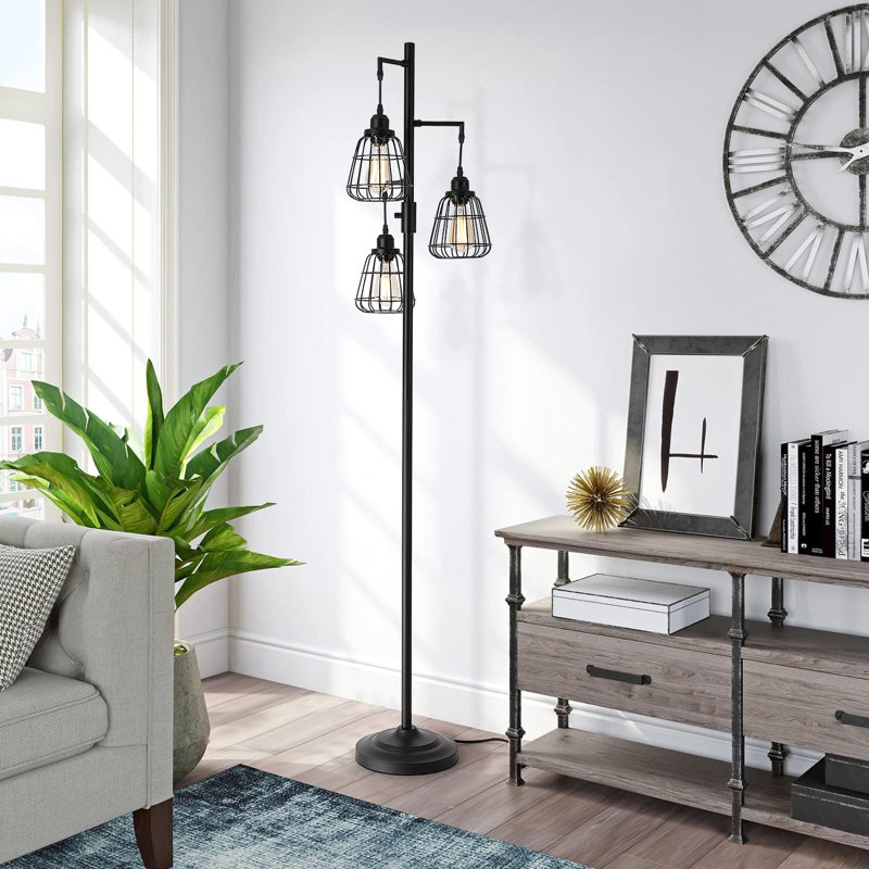 68" Industrial Farmhouse Floor Lamp With 3 Teardrop Cages & 3 Dimmable Led Edison Bulbs, Tall Standing Lamp For Living Room, Bedroom, Office