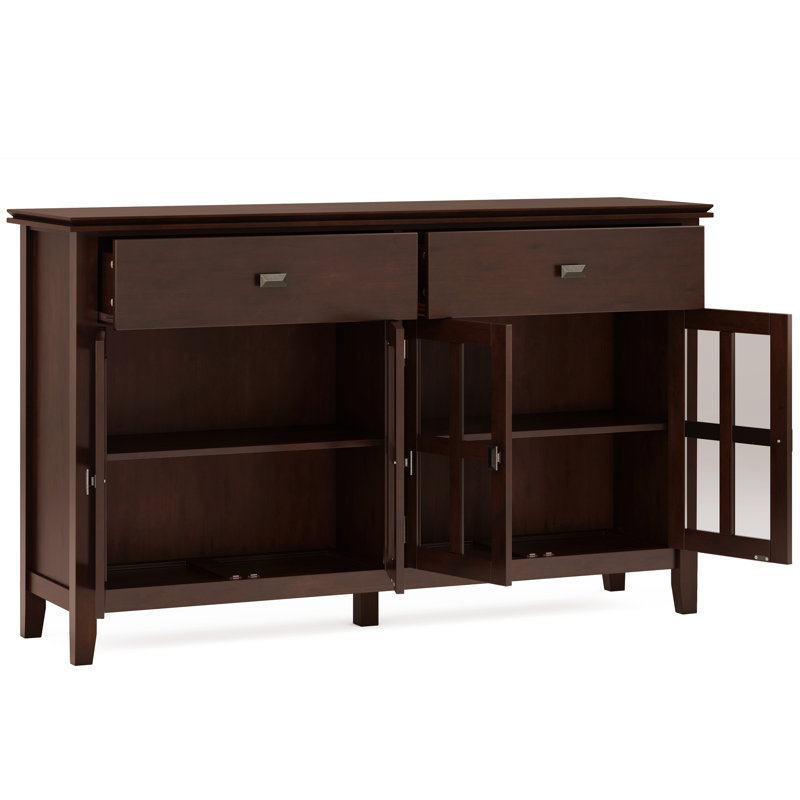 Artisan 60"W Solid Wood 4-Door Sideboard Buffet with Tempered Glass Doors and 2 Drawers, Russet Brown